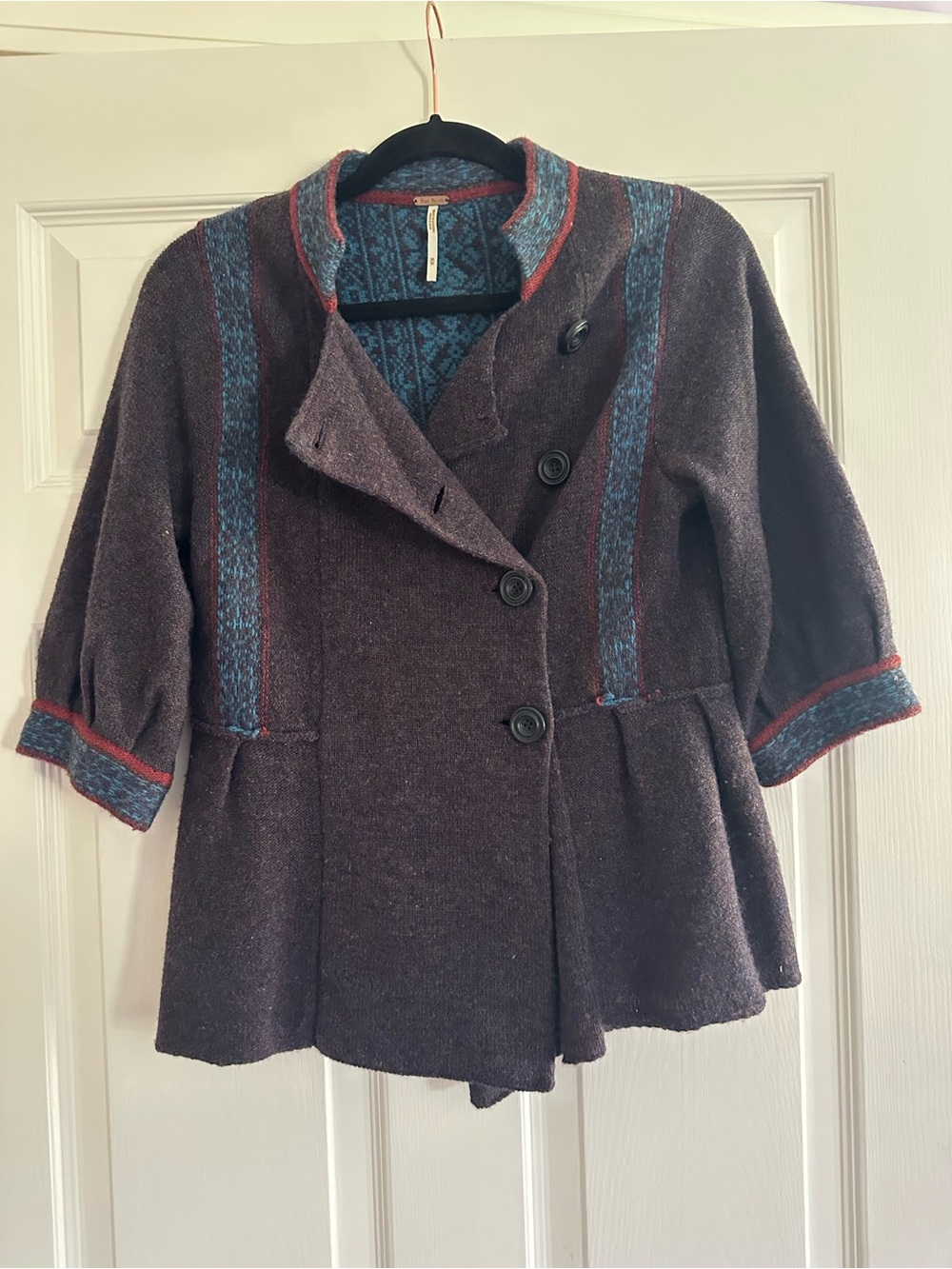 Free People Boho Heather Brown Wool Button Up Cardigan/Jacket with Trim